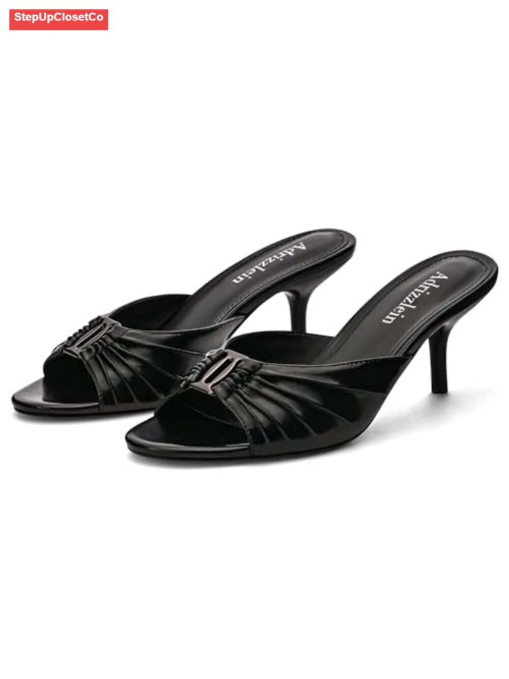 Faux Leather Peep Toe Kitten Heel Mules Ruched Slip On Heeled Sandals